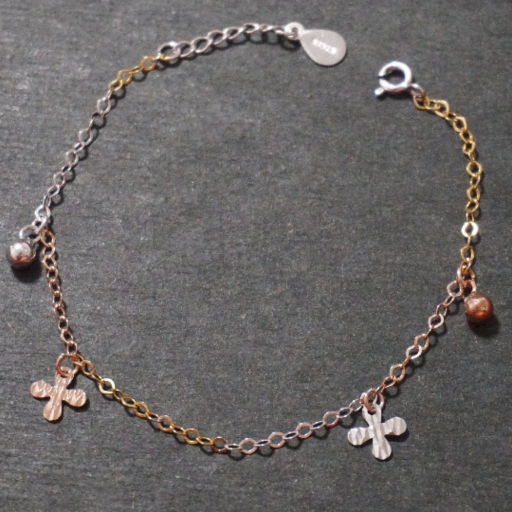Tri gold Four Petal Flower Beaded Charm Bracelet
